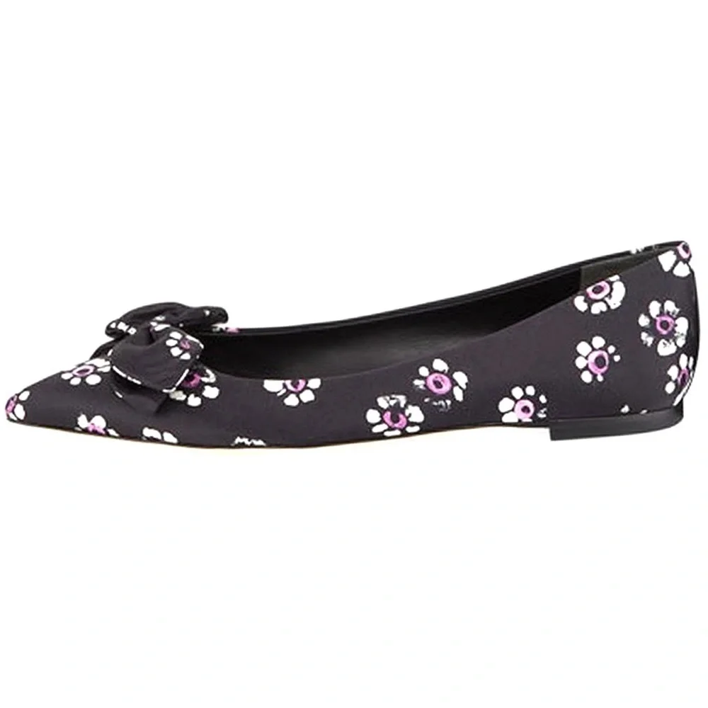 Tory Burch Ballet Flats Rosalind Black Floral Print Satin bow Size 11 NWT